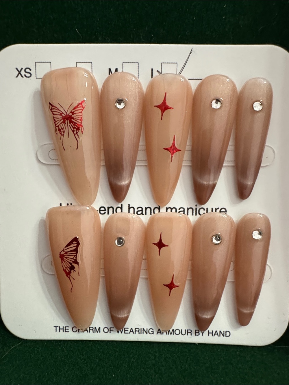 Nude Ombre Press-On Nails with Red Butterfly & Star Accents